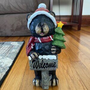 Christmas Resin Black Bear Statue with Welcome Sign